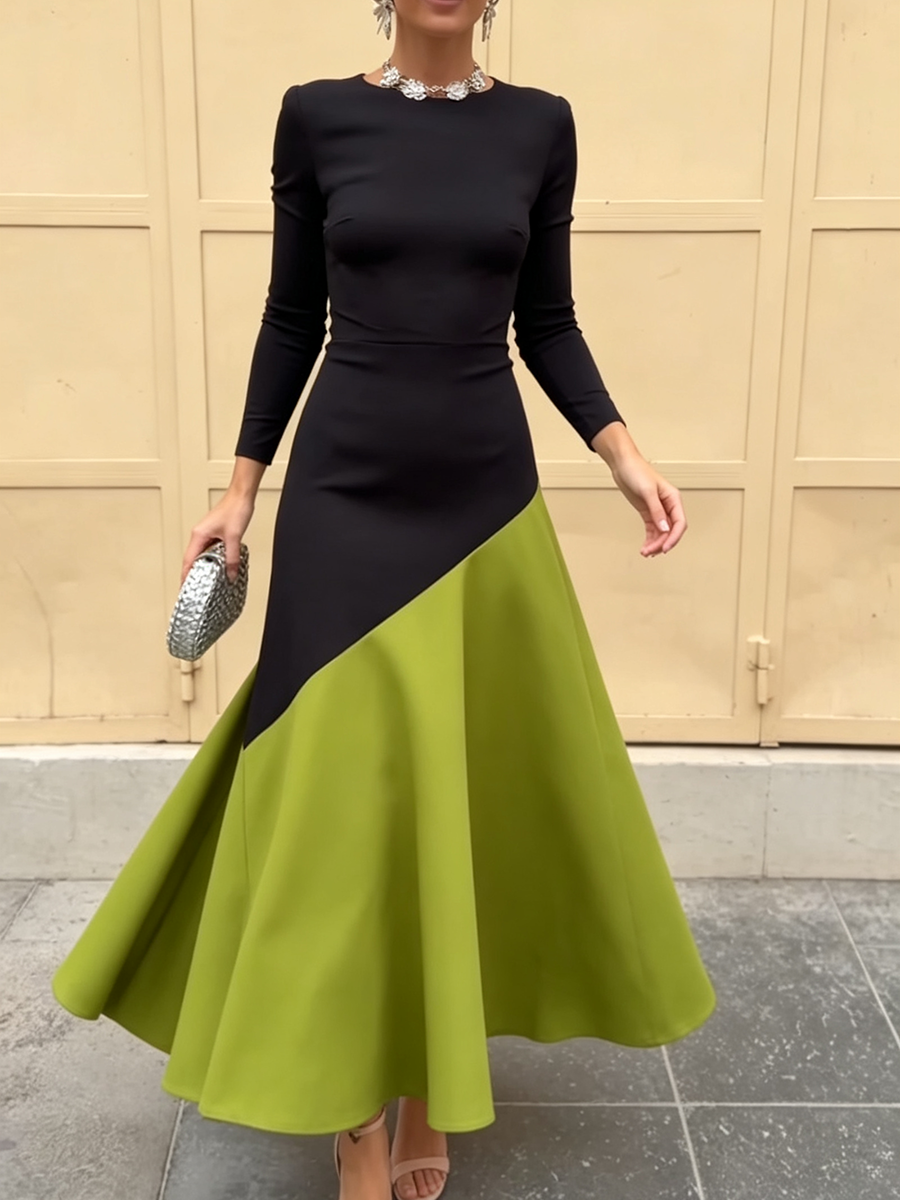 Elegant Chic Sleek Color-block Stretch Long Dress