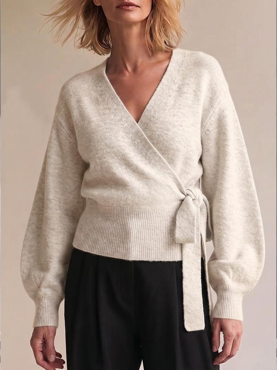 Women's Solid Color V-neck Long Sleeve Casual Loose Tie-waist Knit Top