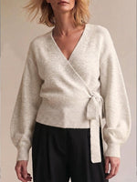 Women's Solid Color V-neck Long Sleeve Casual Loose Tie-waist Knit Top