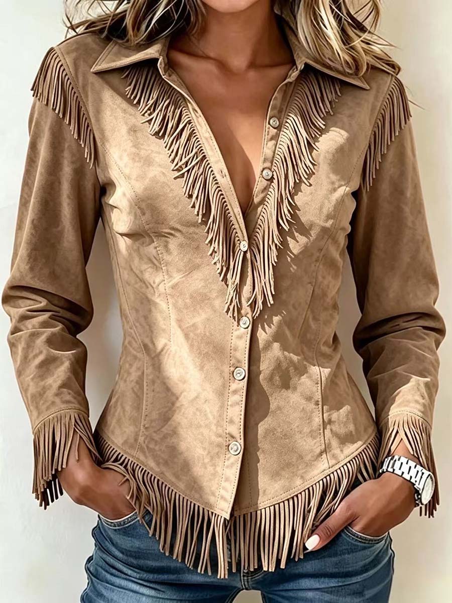 Women's Solid Color Collared Long-sleeved Casual Loose Faux Suede Tassel Shirt