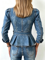 V‑neck Wrap Cross 3d Rose Peplum Denim Top