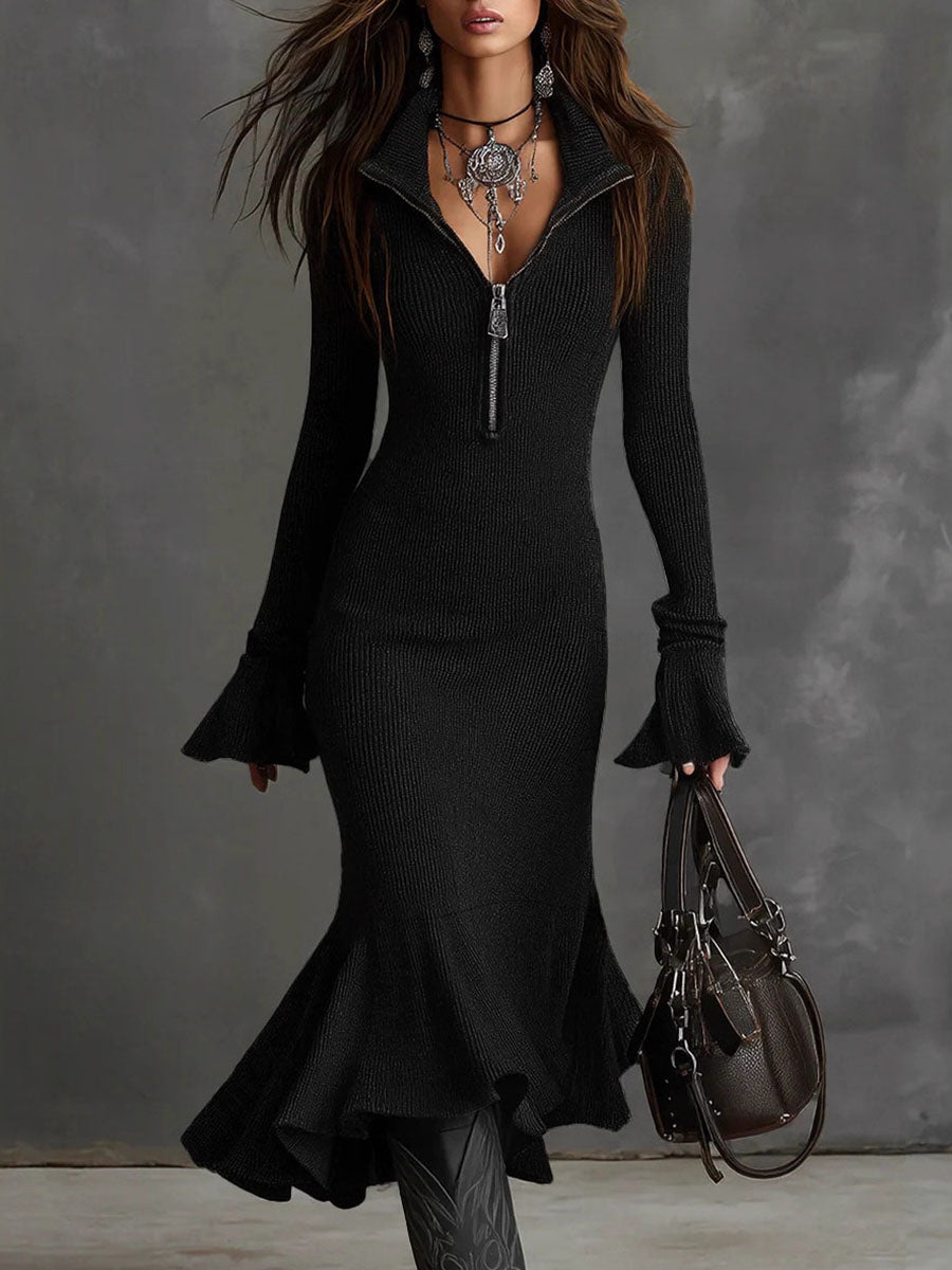 Women's Solid Color Collared Long Sleeve Casual Loose Knit Dress