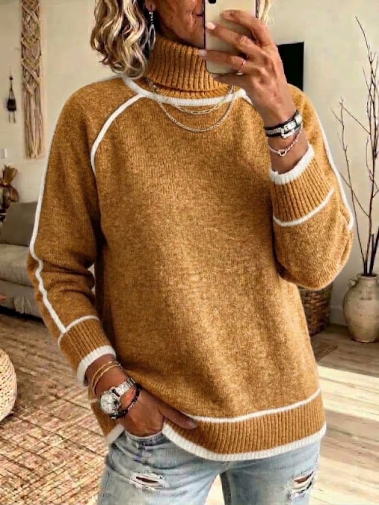 High-neck Raglan Knit Sweater With Contrasting White Trim