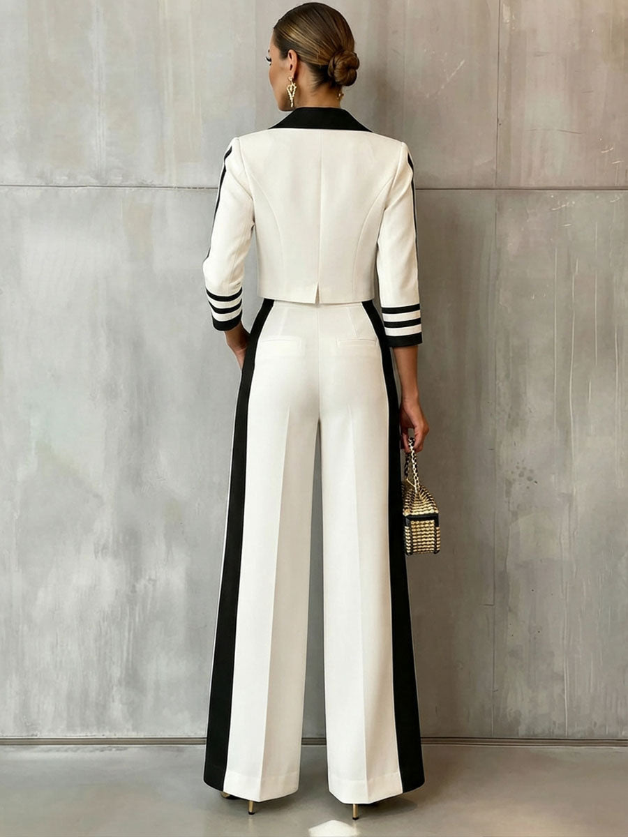Chic Sophisticated Black And White Colorblock Blazer And Trouser Suit