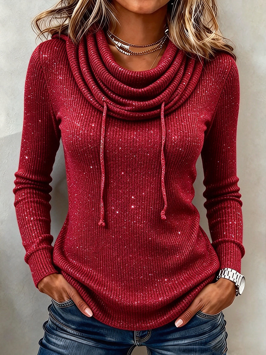 Sparkly Ribbed Knit Top With A Slouchy Turtleneck And Drawstring