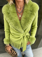 Glamorous Boho Faux Fur Trimmed Wrap Fringe Cardigan