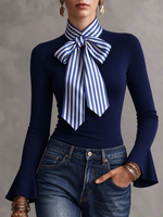 Stylish Stretch Striped Bow Tie Top