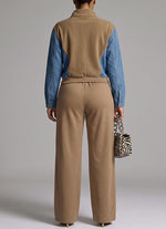 Two-piece Set Featuring A Zip-up Jacket With A Knit-and-denim Panel Design And Matching Jeans.