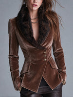 Exquisite And Elegant Velvet Slim-fit Blazer With A Fur Collar