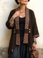 Leopard-print Patchwork Irregular-hem Knit Cardigan