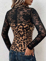Women's Stand-collar Long-sleeve Slim-fit Leopard Print & Lace Panel Casual Top