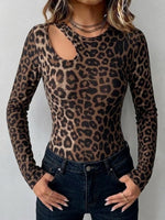Leopard-print Cut-out Long-sleeve Fitted Top With A Round Neck