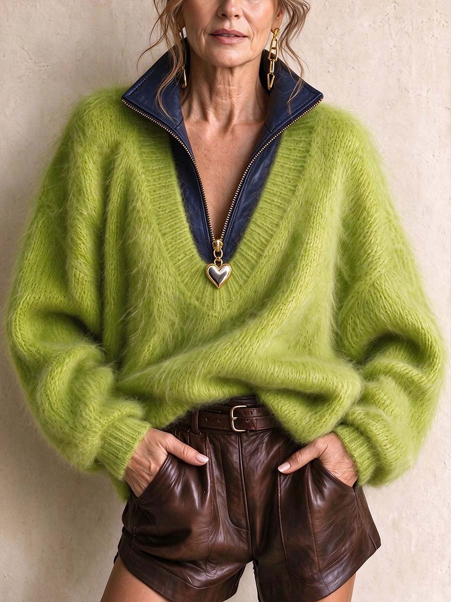 Women's Lime Green Fuzzy Quarter-zip Pullover Sweater