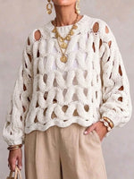 Wave-pattern Cutout Crochet Knit Sweater With A Round Neck And Lantern Sleeves