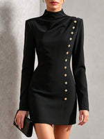 Long-sleeve, Slim-fit Mini Dress Featuring A Mock Neck And Decorative Gold Buttons On The Side