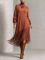 Turtleneck Diagonal Fringe Oversized Knit Midi Dress