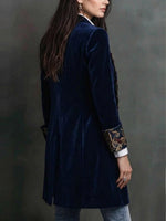 Navy Velvet Longline Blazer With Ornate Embroidered Lapels