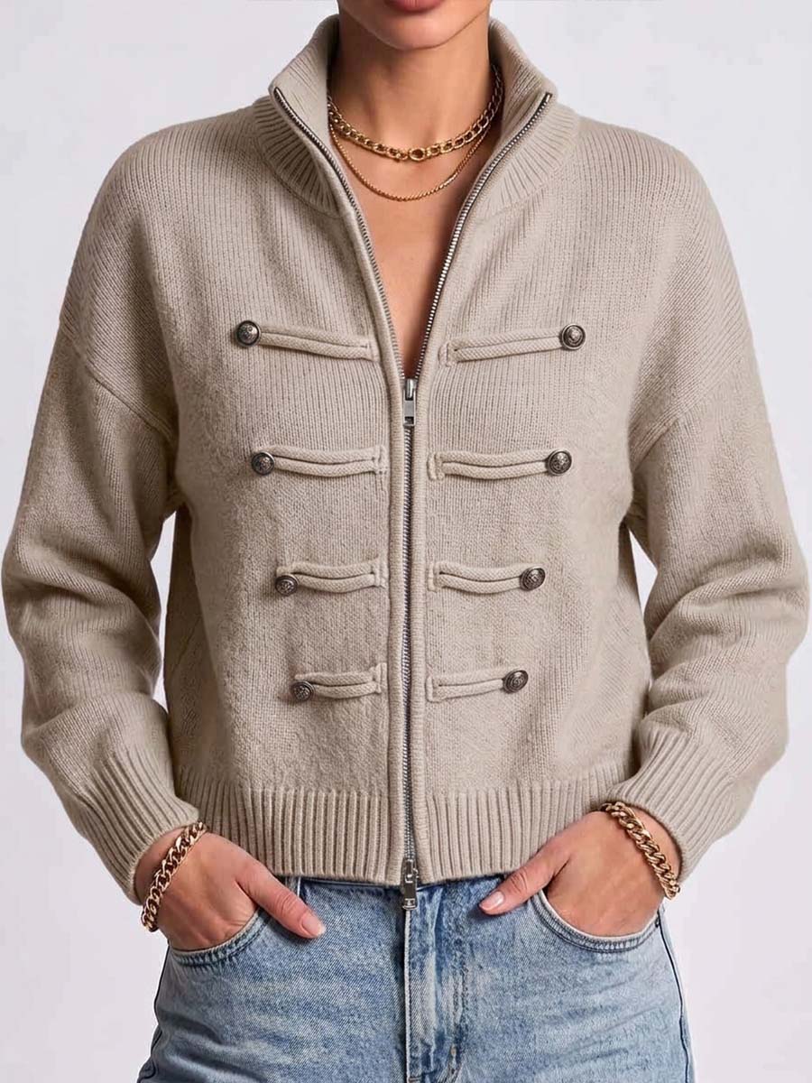 Women's Solid Color Stand Collar Long Sleeve Casual Loose Knit Cardigan