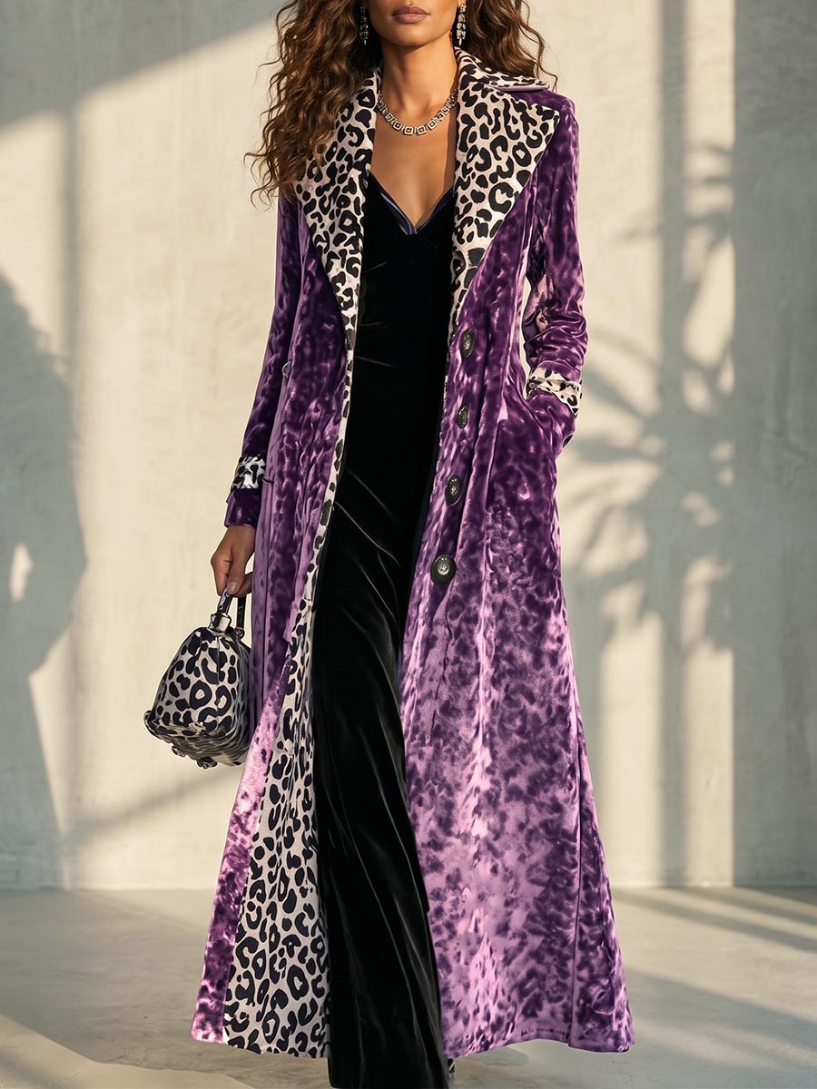 Women's Retro Velvet Long Coat With Leopard Print Color Block Lapel And Inner Panels Single-breasted Long Sleeve Trench Coat
