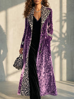 Women's Retro Velvet Long Coat With Leopard Print Color Block Lapel And Inner Panels Single-breasted Long Sleeve Trench Coat