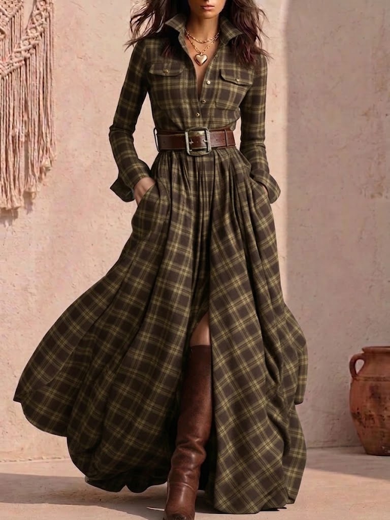 Retro Plaid Asymmetrical Slim-fit Dress