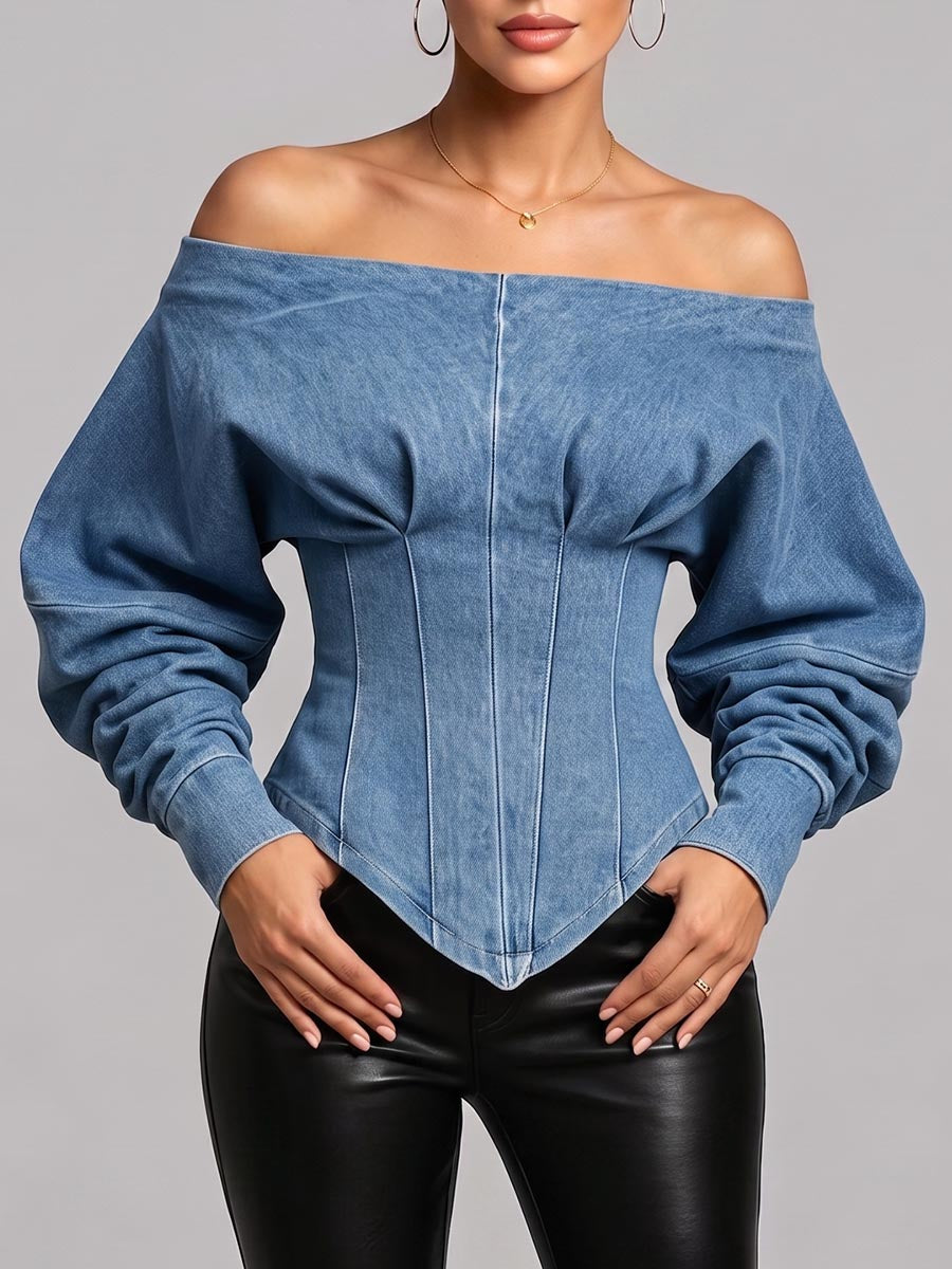 Women's Off-shoulder Long-sleeved Casual Slim-fit Denim Top