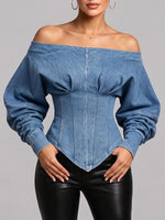 Women's Off-shoulder Long-sleeved Casual Slim-fit Denim Top