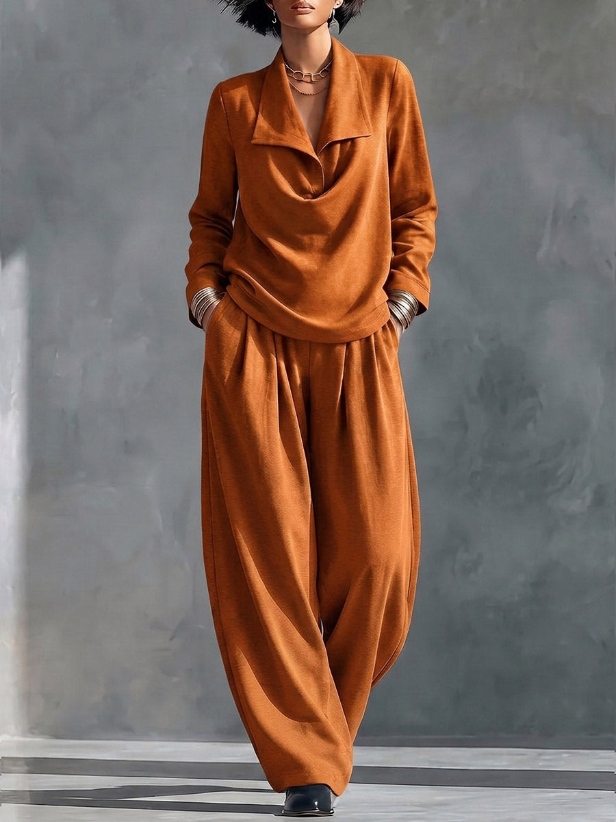 Women's Solid Color Collared Long-sleeved Casual Loose Top And High-waisted Wide-leg Pants Set