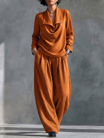 Women's Solid Color Collared Long-sleeved Casual Loose Top And High-waisted Wide-leg Pants Set