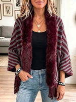 Women's Striped Printed Long-sleeved Casual Loose-fitting Fringed Mink Fur Patchwork Knit Cardigan