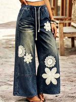 Cozy Bohemian Denim Wide-leg Pants With Crochet Flower