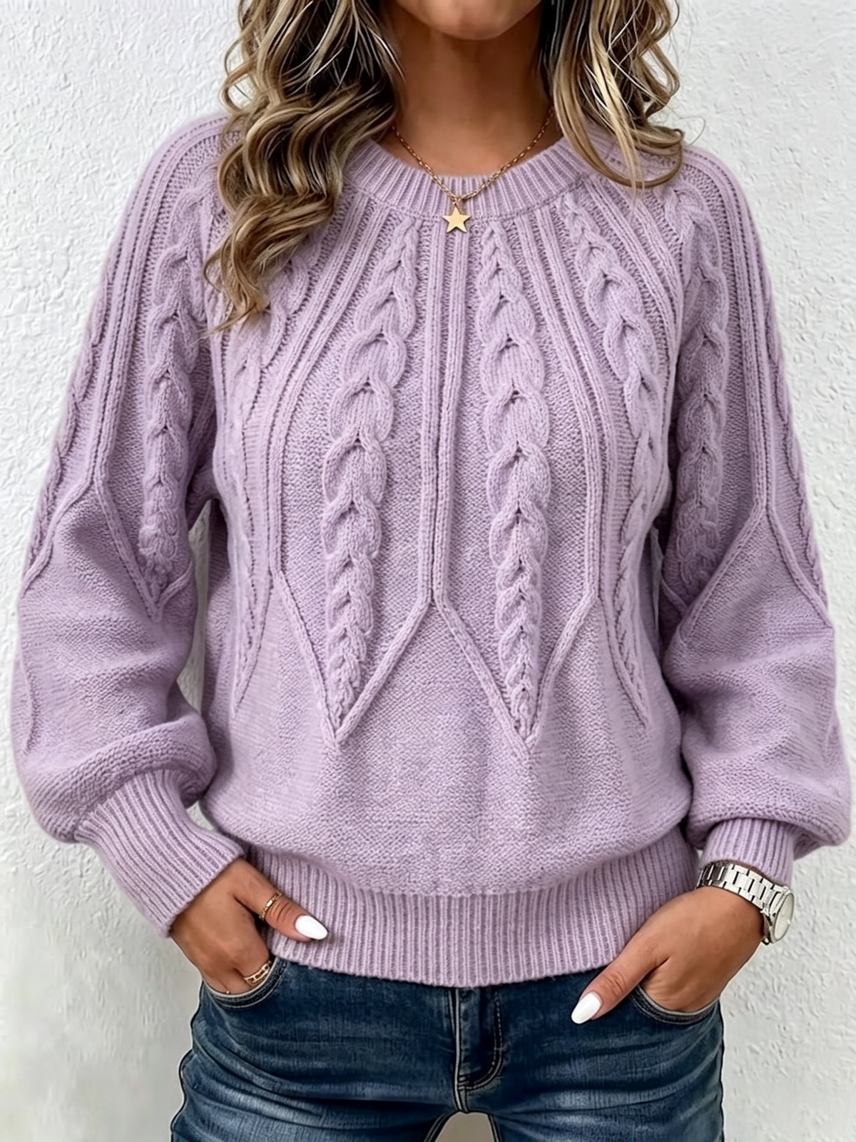 Vertical Cable Knit Raglan Balloon‑sleeve Crew Neck Sweater