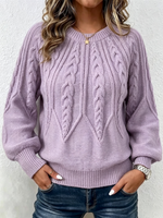 Vertical Cable Knit Raglan Balloon‑sleeve Crew Neck Sweater