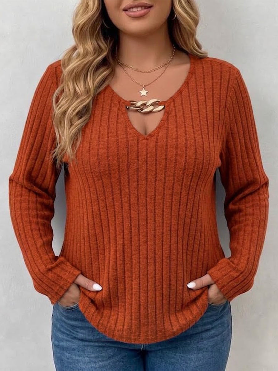 Long-sleeve V-neck Top With Vertical Ribbing And Metal Chain Detail