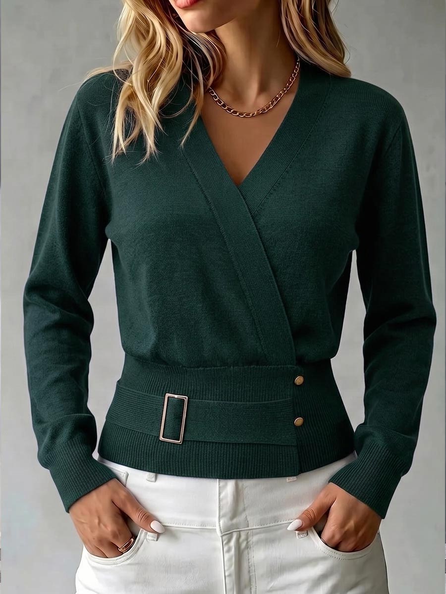Women's Solid Color V-neck Long Sleeve Casual Loose Knit Top
