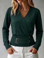Women's Solid Color V-neck Long Sleeve Casual Loose Knit Top