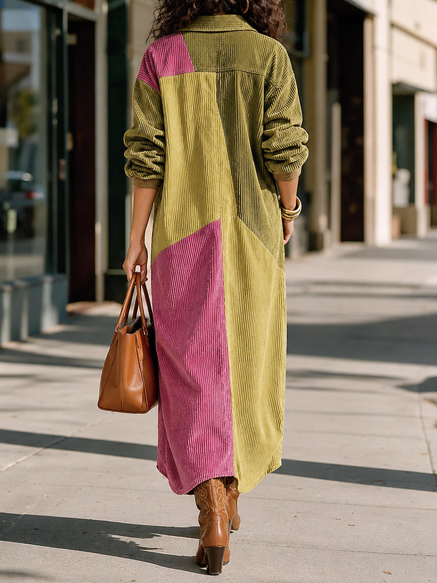 Casual Color-block Corduroy Long Shirt Dress
