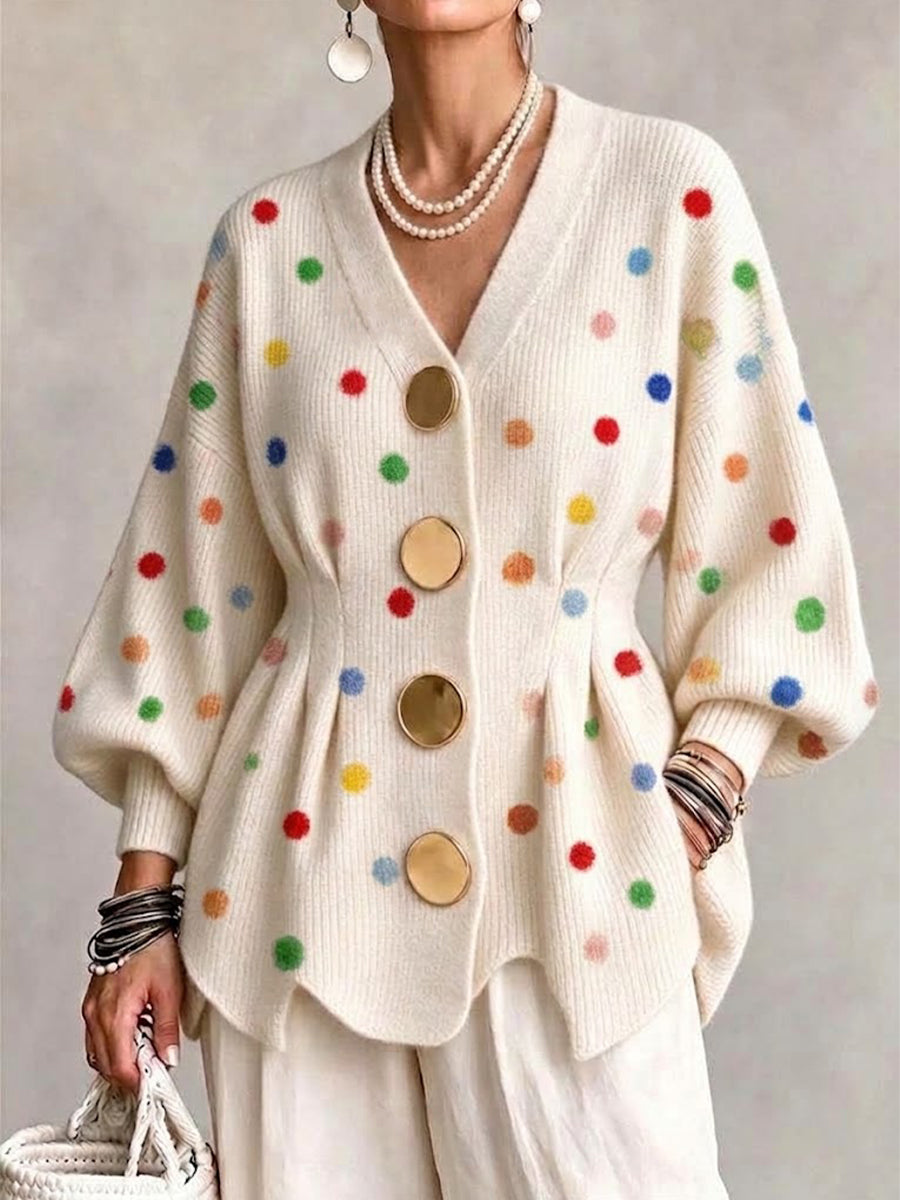 V-neck Knit Cardigan With Colorful Polka Dots And A Waist-cinching Fit