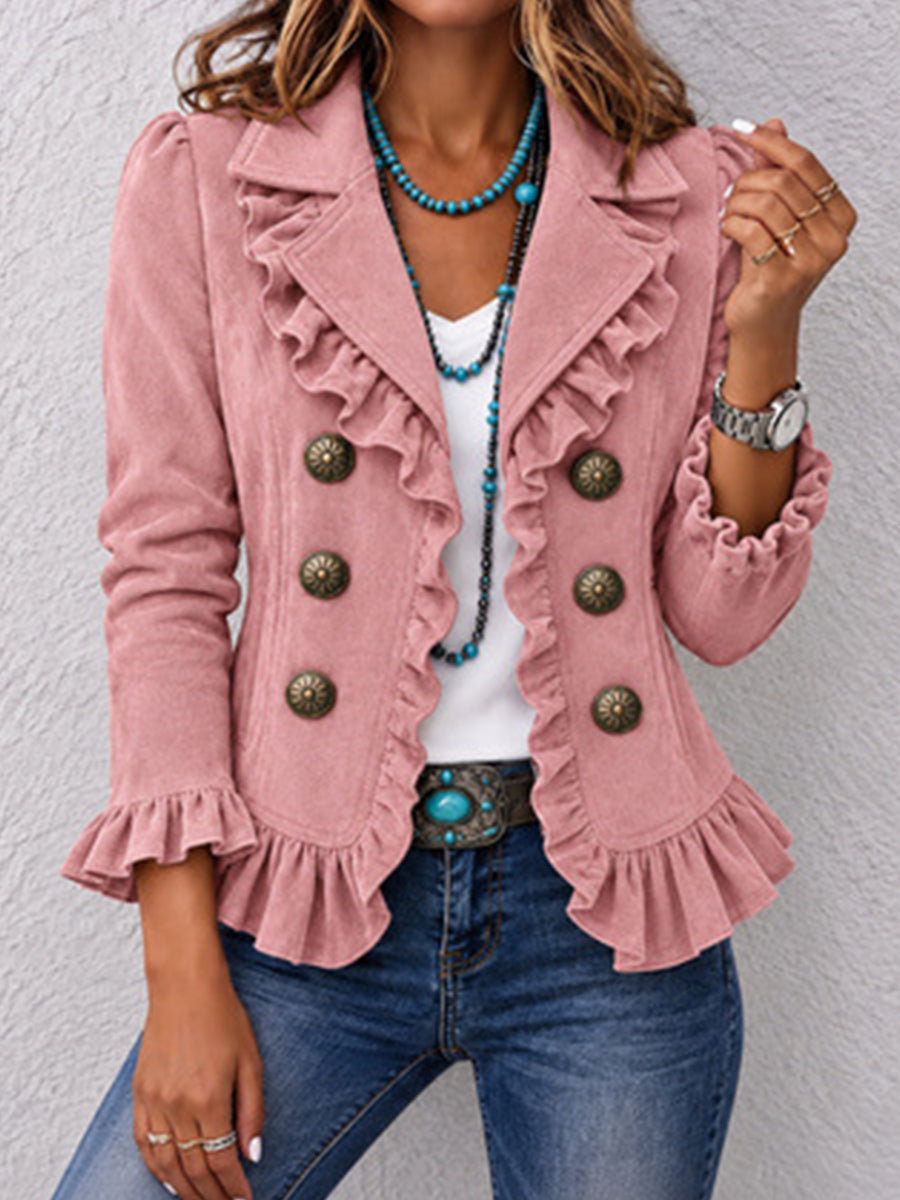 Vintage Ruffle-Trim Suede-Texture Blazer