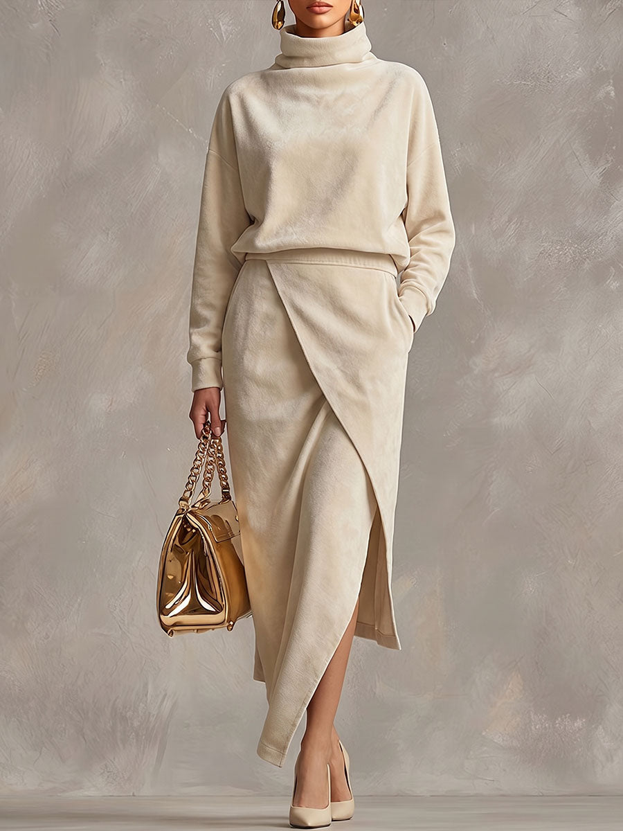 Women's Solid Color Stand Collar Long Sleeve Casual Loose Faux Suede Top And High Waist A-line Skirt Set