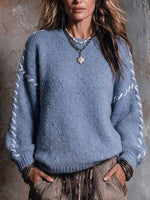 Women's Round Neck Long-sleeved Casual Loose Handmade Color-blocked Pullover Knit Sweater