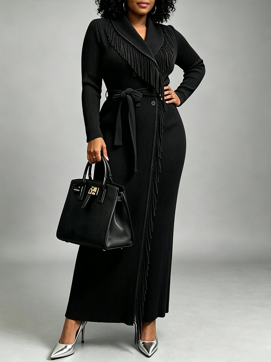 Long Robe In Highly Stretchable, Pleated-texture Fabric Featuring Stylish Tassels And A Lace-up Design.