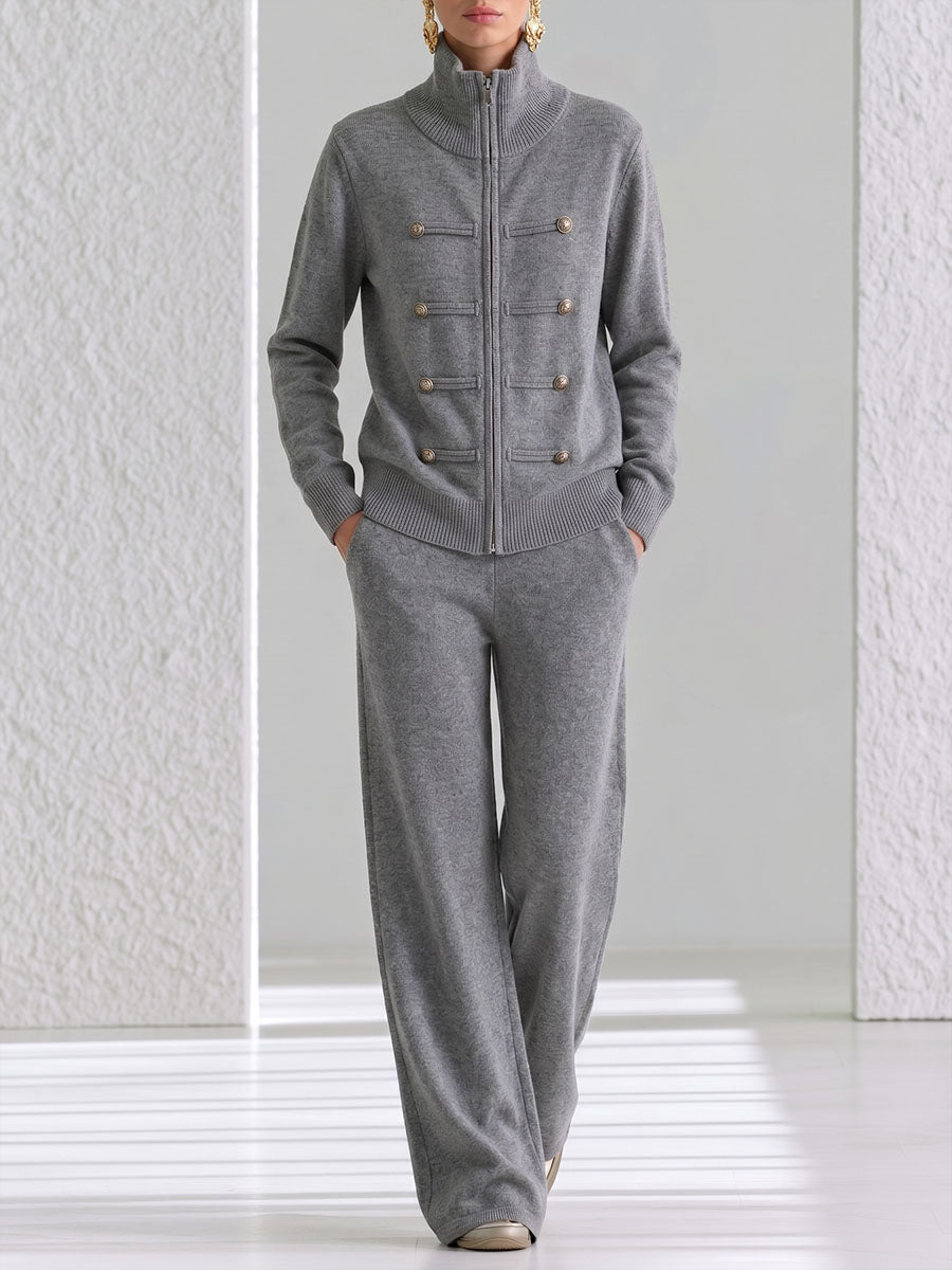 Women's Solid Color Stand Collar Long Sleeve Casual Loose Knit Top And High Waist Wide Leg Pants Knit Set