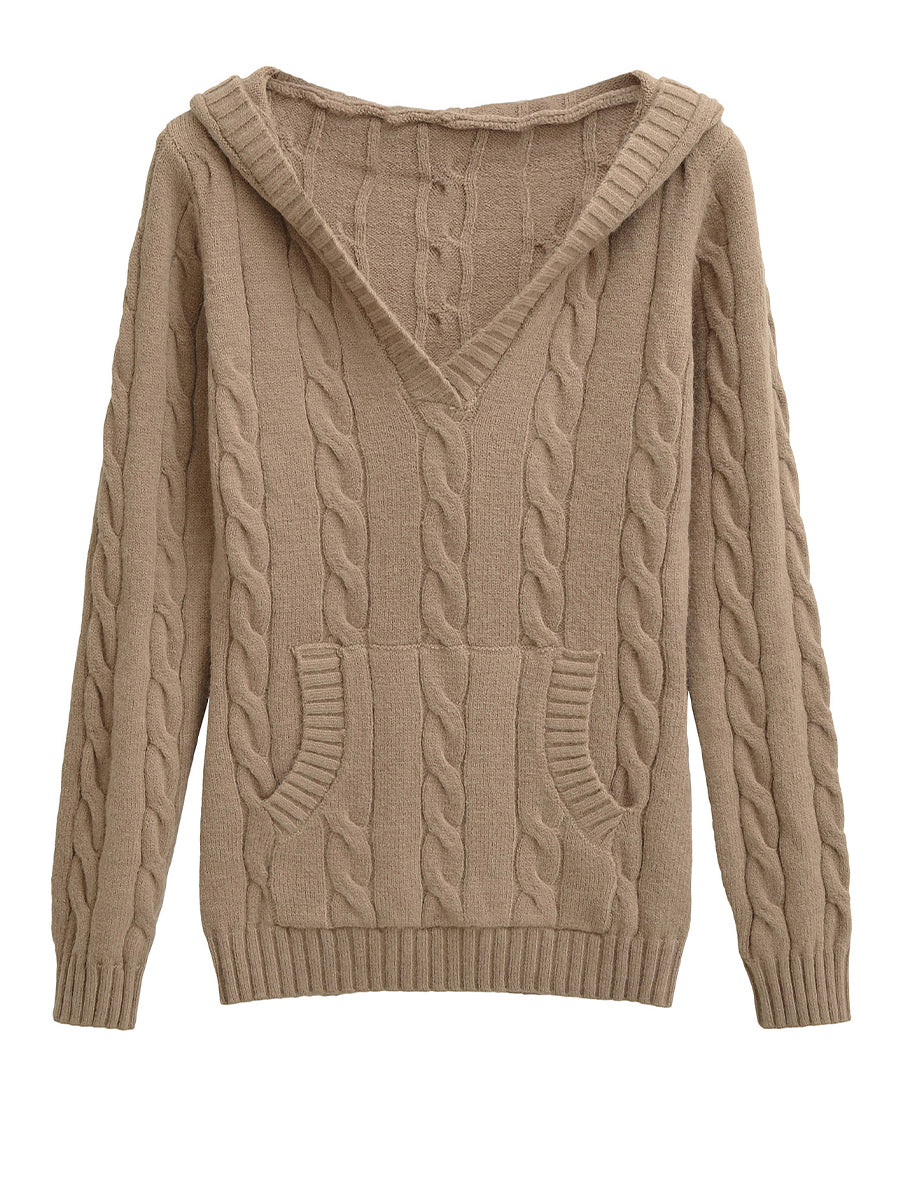 Casual Cable-knit V-neck Sweater With Hood