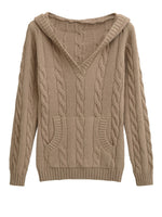 Casual Cable-knit V-neck Sweater With Hood