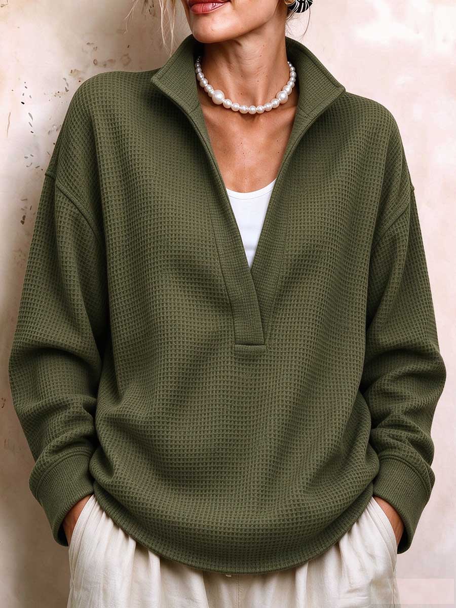 Women's Waffle Knit Split V-neck Pullover Sweater With Collar