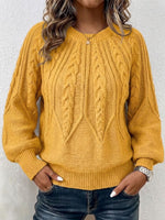 Vertical Cable Knit Raglan Balloon‑sleeve Crew Neck Sweater