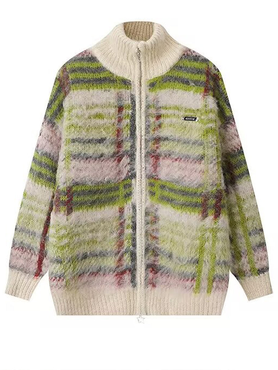 Checkered Plush Mohair-blend Zip-up Cardigan