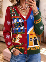 Women's Ugly Christmas Cardigan Color Block Holiday Sweater V-neck Button Down Knitwear