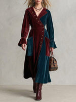 Two-tone Vintage Velvet Button-down Midi Coat Dress